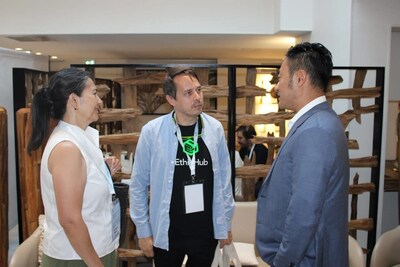 From left: Gabriela Chang Valdovinos and Jori Armbruster, co-founders of EthicHub, spoke with Ben Zhou, CEO and co-founder of Bybit.